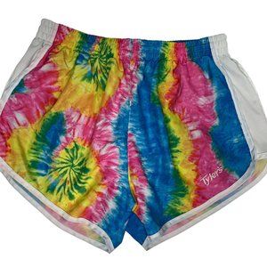 Tylers LARGE Womens Austin Texas Weird Rainbow Tie Dye Athletic Racer Shorts